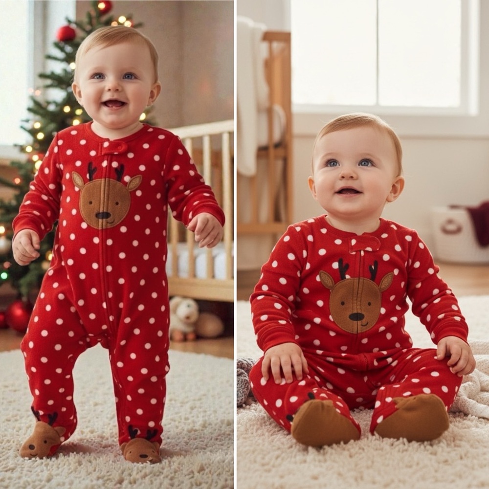 Carter’s Red White Polkadots Reindeer Fleece Footed 2-Way Zipper Baby Pajamas 6M